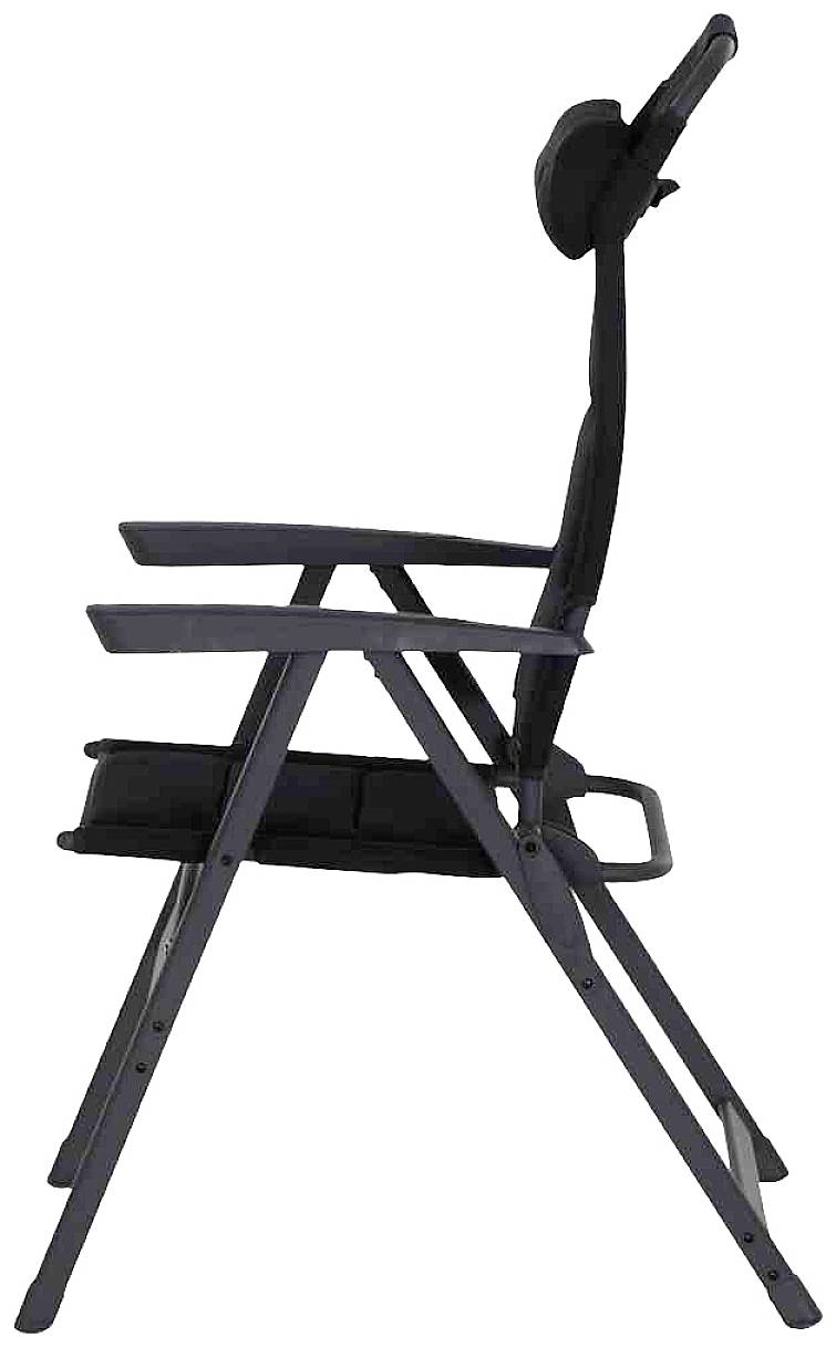 Une chaise de camping pliante représentée de côté, équipée d'accoudoirs et d'un repose-tête, adaptée aux activités de plein air.
