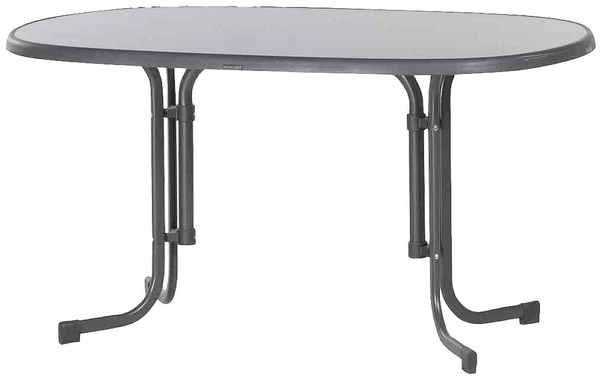 Une table ovale avec un plateau sombre et des pieds en métal courbés et solides. Adaptée aux espaces intérieurs comme extérieurs.