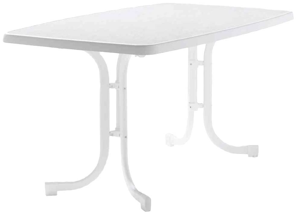 Une table blanche rectangulaire avec des pieds incurvés en métal, adaptée aux espaces intérieurs ou extérieurs.