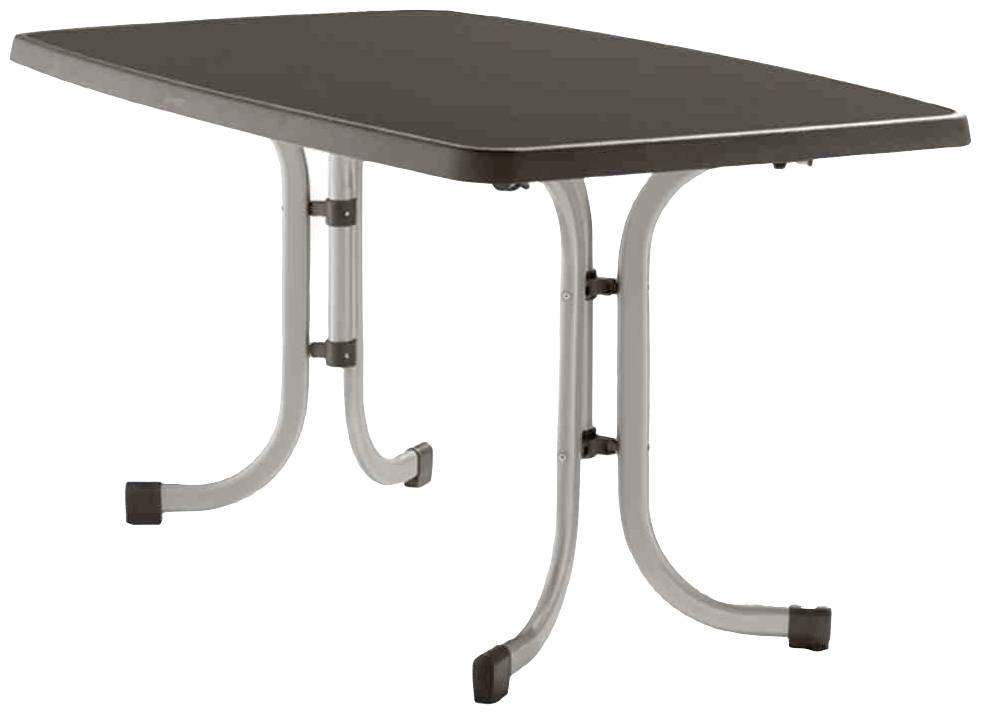 Une table rectangulaire à surface sombre et pieds en métal courbés, munis de embouts en caoutchouc à chaque extrémité.