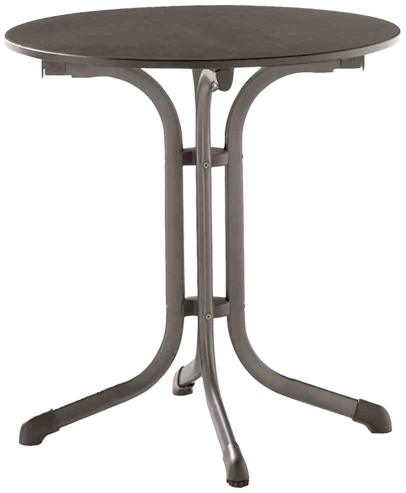 Table ronde de couleur brun foncé avec un support en métal, adaptée aux espaces intérieurs et extérieurs.