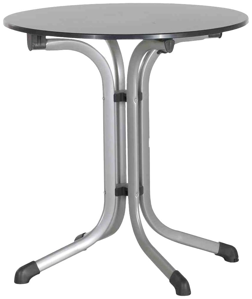 Une table ronde avec un plateau noir et un châssis argenté reposant sur trois pieds. Idéale pour les cafés ou les petits espaces.