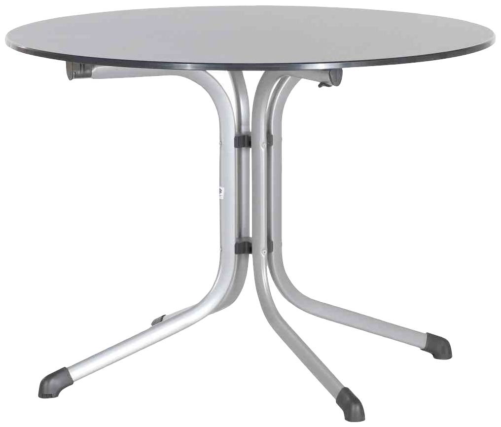 Table ronde en métal au design gris lisse avec quatre pieds courbés, posée sur un fond noir.