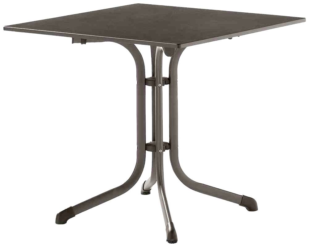 Table carré avec un châssis en métal et un plateau sombre, adapté aux espaces intérieurs et extérieurs.
