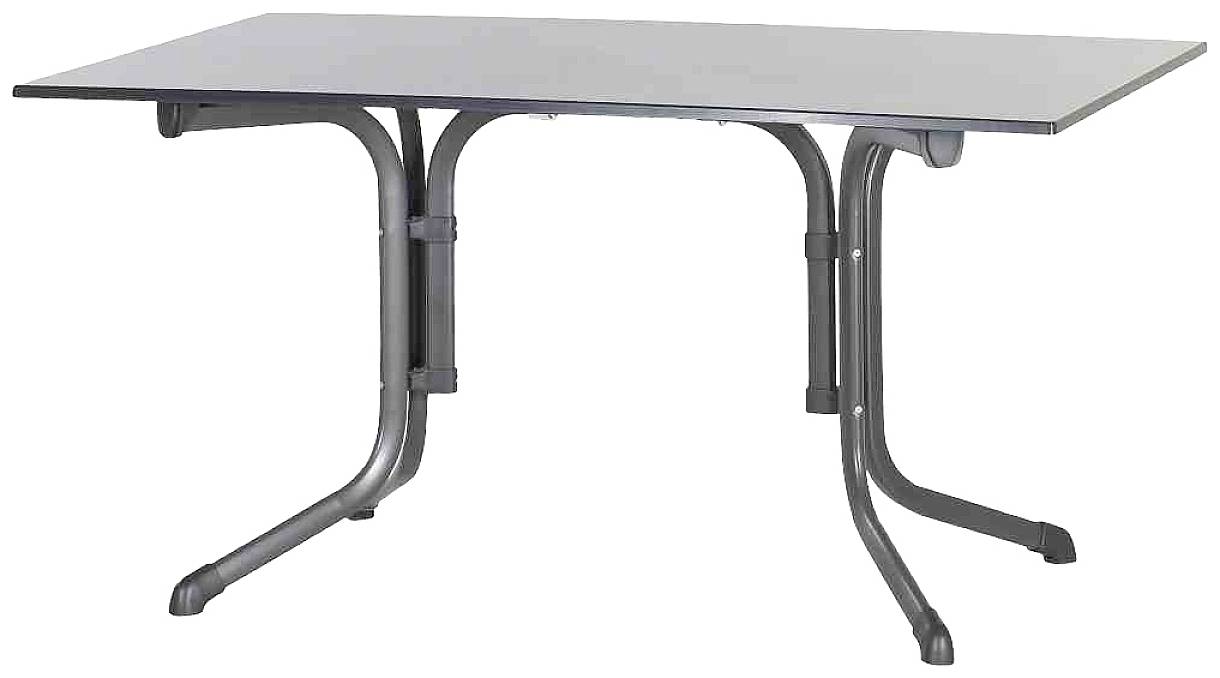 Une table rectangulaire au plateau gris foncé et aux pieds en métal noir aux lignes courbes. Adaptée pour une salle à manger ou un bureau.