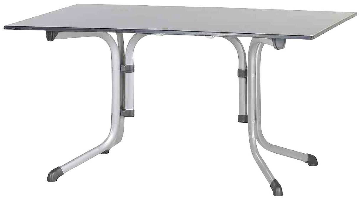Table en métal avec un plateau rectangulaire sombre et des pieds incurvés. Adaptée pour une utilisation intérieure ou extérieure.