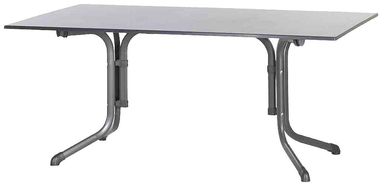 Une table rectangulaire avec un plateau noir et des pieds en métal noir courbés.