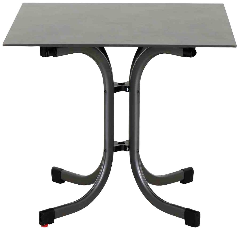 Une petite table rectangulaire avec un plateau gris et des pieds en métal courbés.