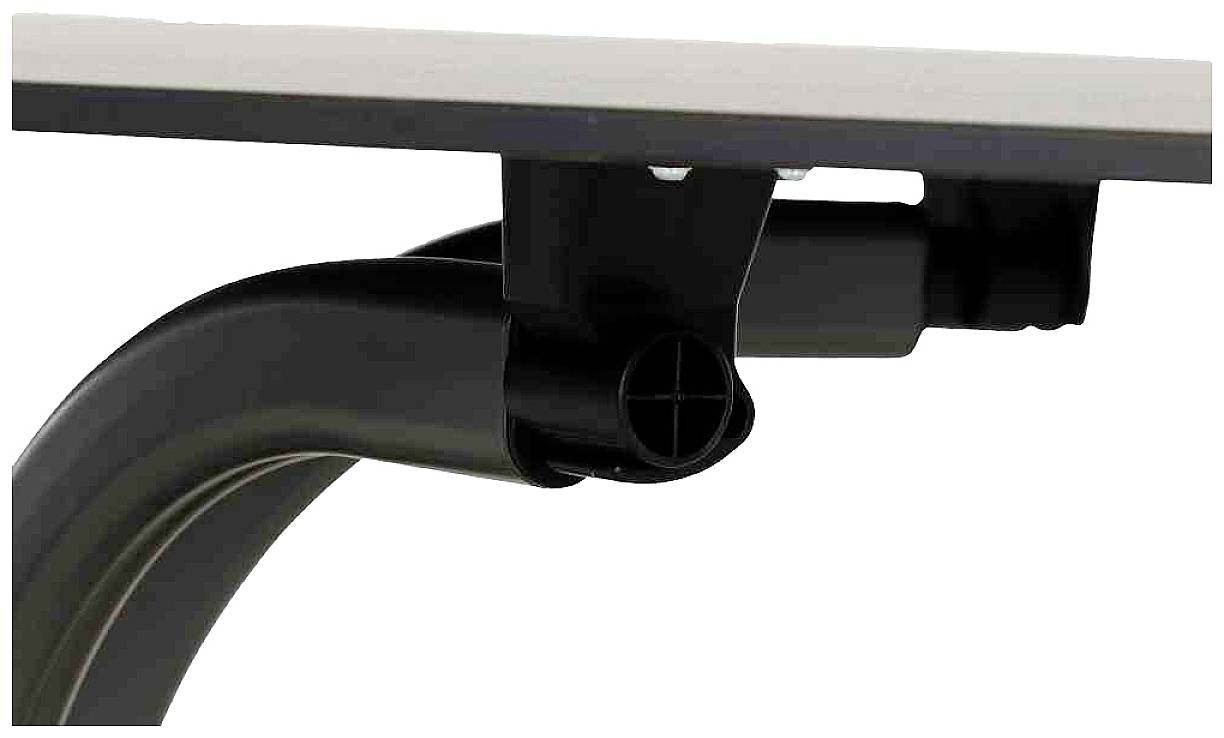 Gros plan sur un pied de table noir avec des connexions circulaires et ajustables sous un plateau de table.