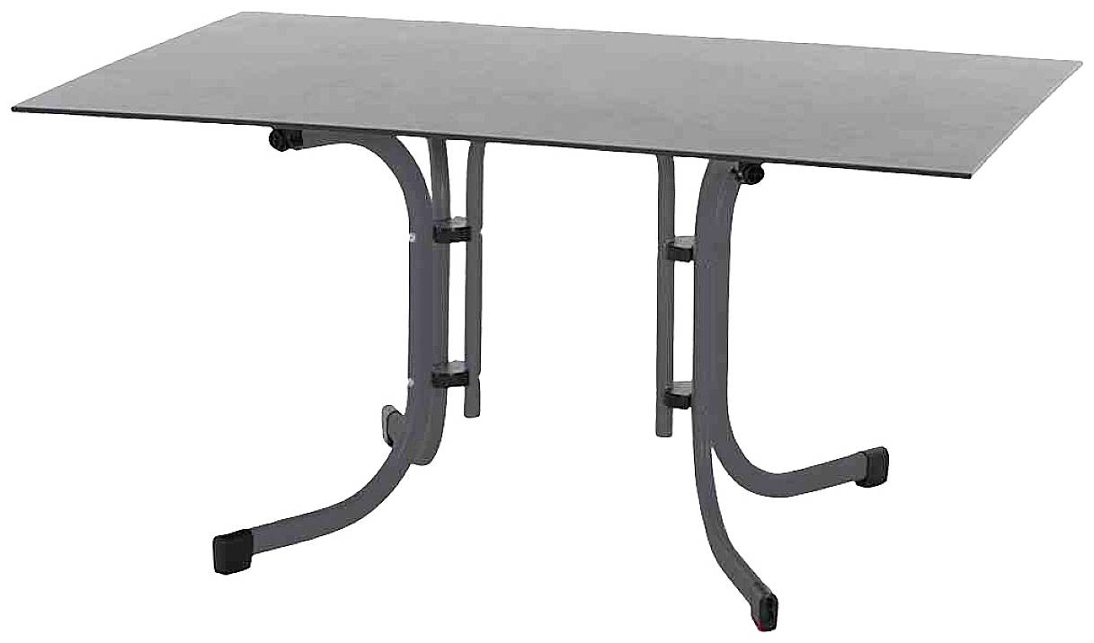 Table rectangulaire avec un plateau sombre et des pieds en métal courbés. Idéal pour les espaces repas ou de travail, design épuré.