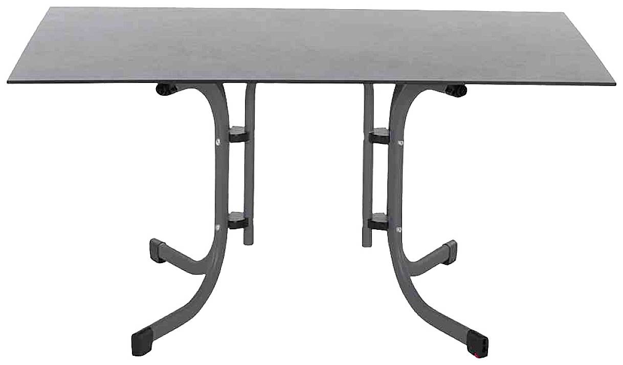 Une table rectangulaire à surface grise et pieds en métal courbés, adaptée aux salles à manger ou aux salles de conférence.