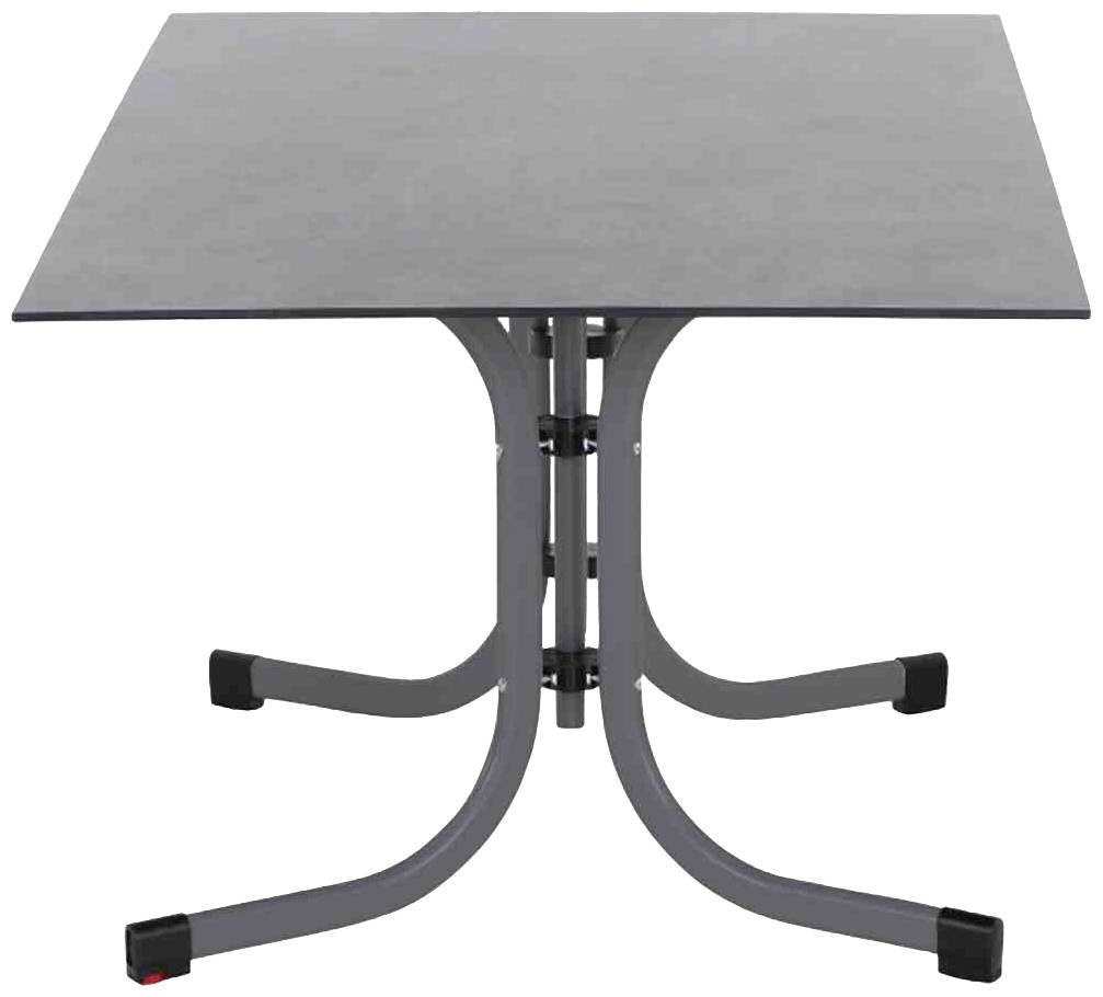 Une table carrée à surface sombre et quatre pieds métalliques incurvés. Idéale pour les espaces intérieurs ou extérieurs.