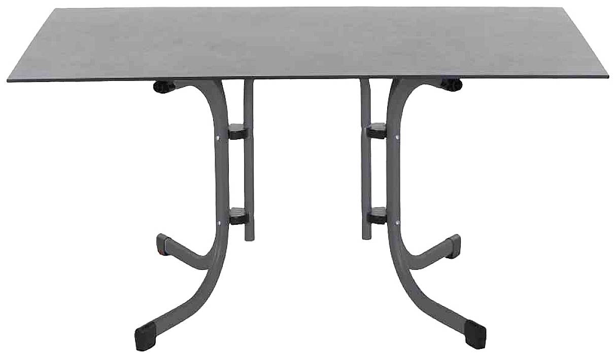 Une table rectangulaire à surface grise et lisse, reposant sur des pieds métalliques courbés, est placée devant un fond blanc.