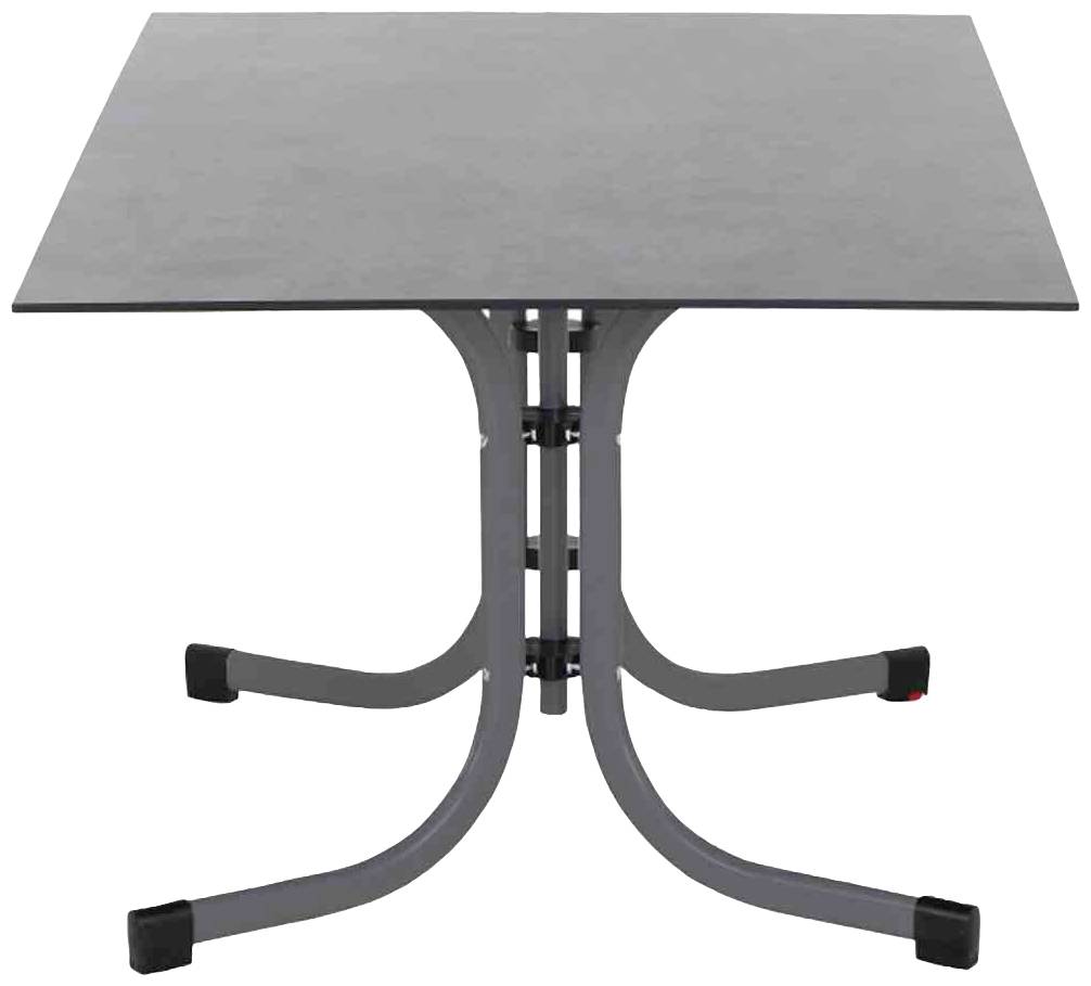Table carrée moderne avec surface lisse et sombre, reposant sur un socle métallique incurvé. Convient parfaitement à une salle à manger ou un bureau.