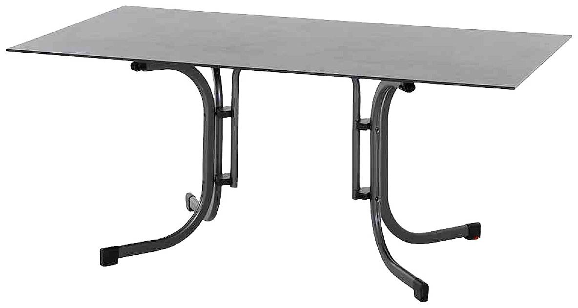 Une table rectangulaire avec un plateau sombre et des pieds métalliques galbés. Adaptée aux environnements de bureau ou de salle à manger.