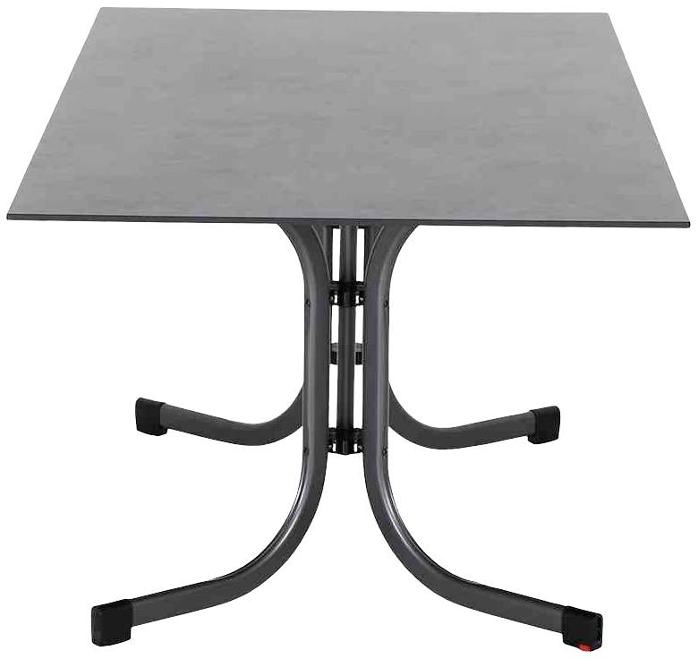 Une table rectangulaire aux pieds en métal et au plateau lisse de couleur sombre.