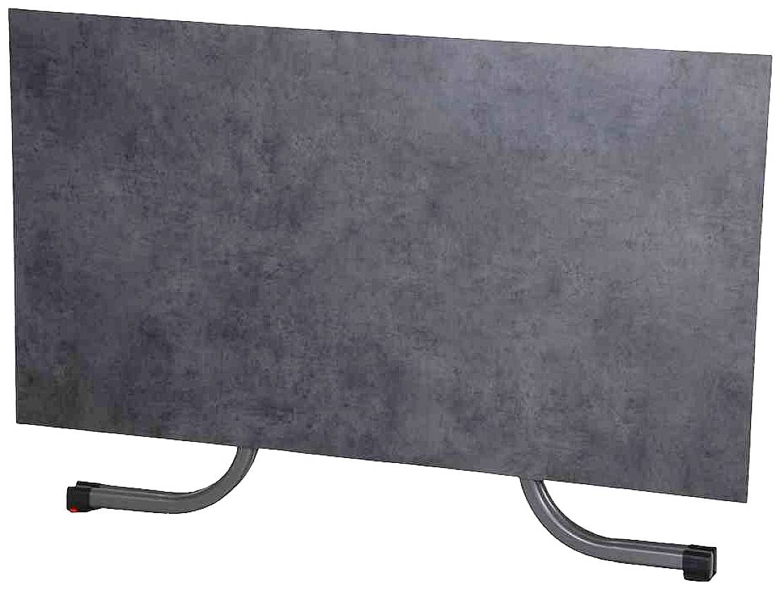 Une table de ping-pong grise, rectangulaire, reposant sur deux pieds métalliques courbés.