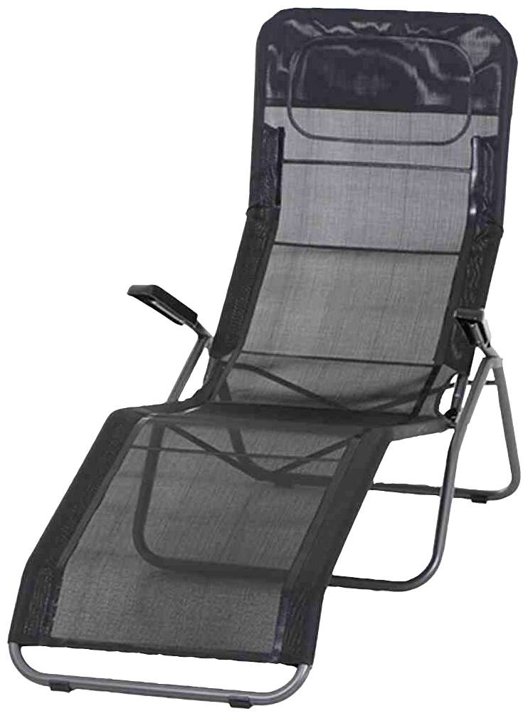 Un transat pliable noir avec dossier réglable et structure en métal. Idéal pour le jardin ou la terrasse.