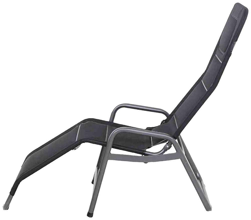 Chaise longue noire vue de côté avec dossier réglable et structure en métal. Idéale pour jardin ou terrasse.