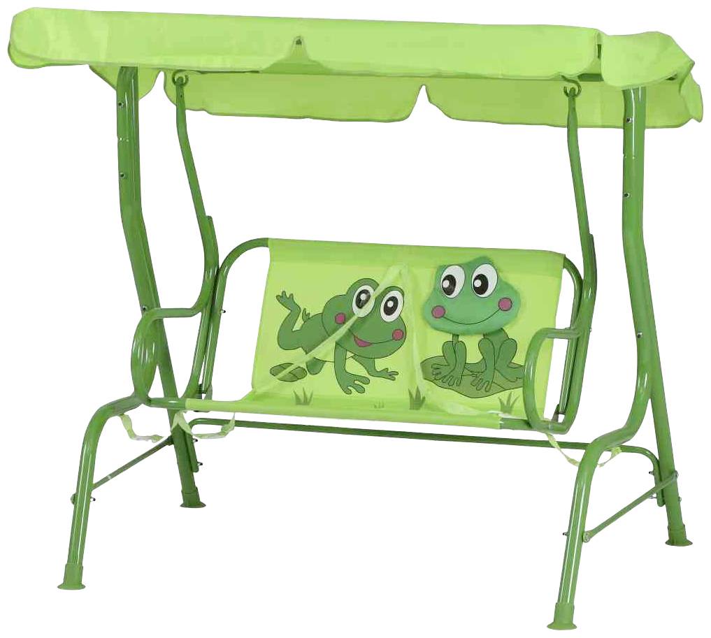 Balançoire verte pour enfants avec motifs de grenouilles sur l'assise, adaptée pour l'extérieur.