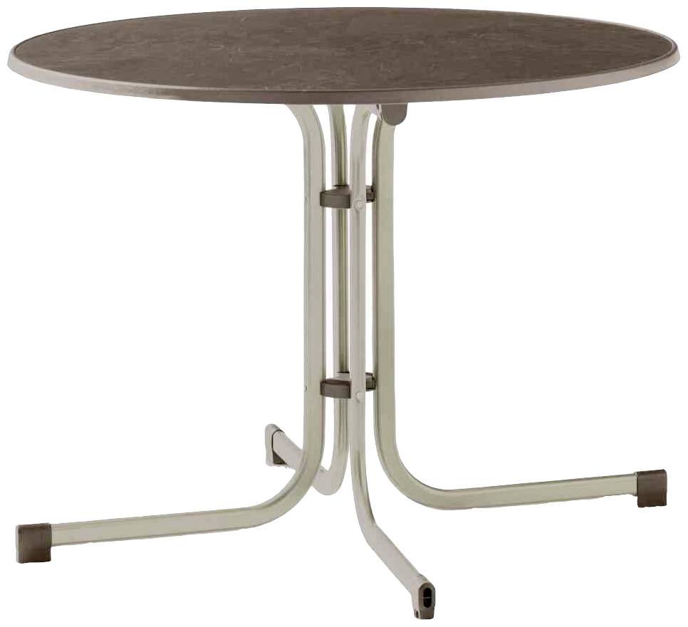 Table ronde avec pieds en métal, plateau de couleur marron.