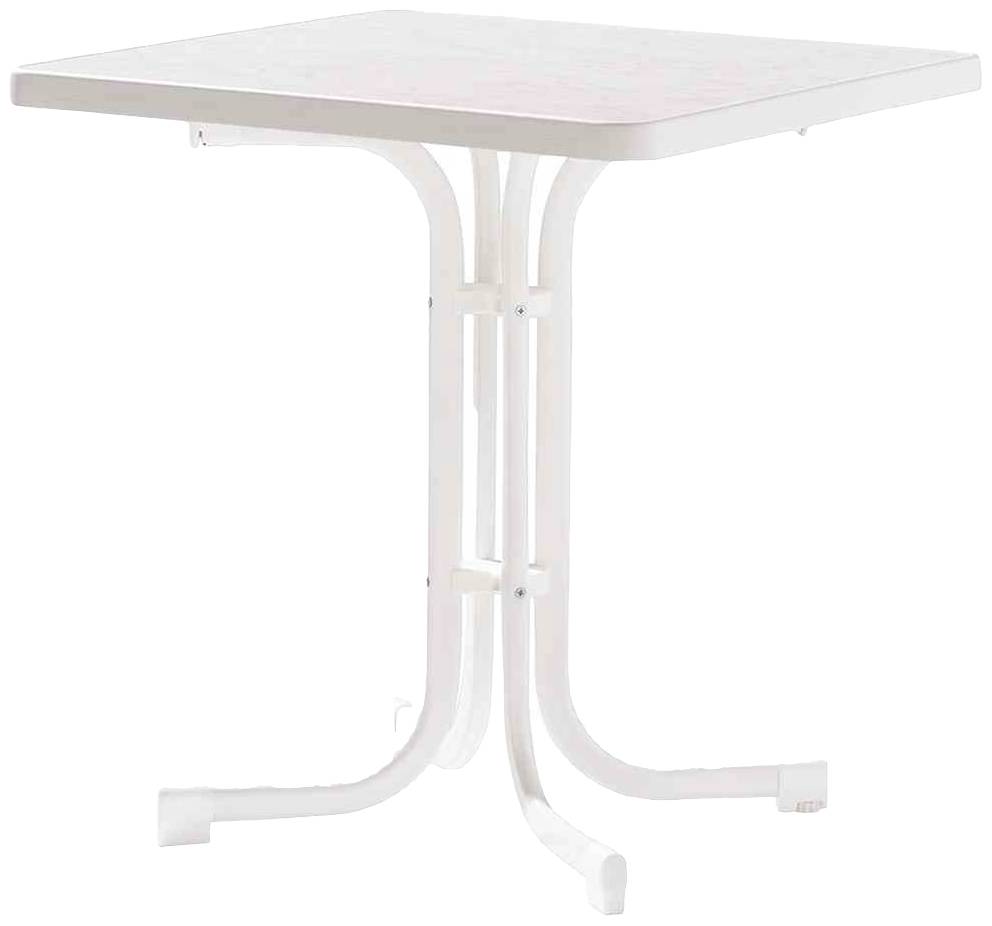 Table carrée blanche avec pieds incurvés, adaptée à l'extérieur ou comme table de balcon.