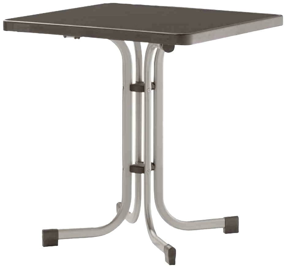 Une table rectangulaire, brun foncé, reposant sur des pieds en métal au design courbé.