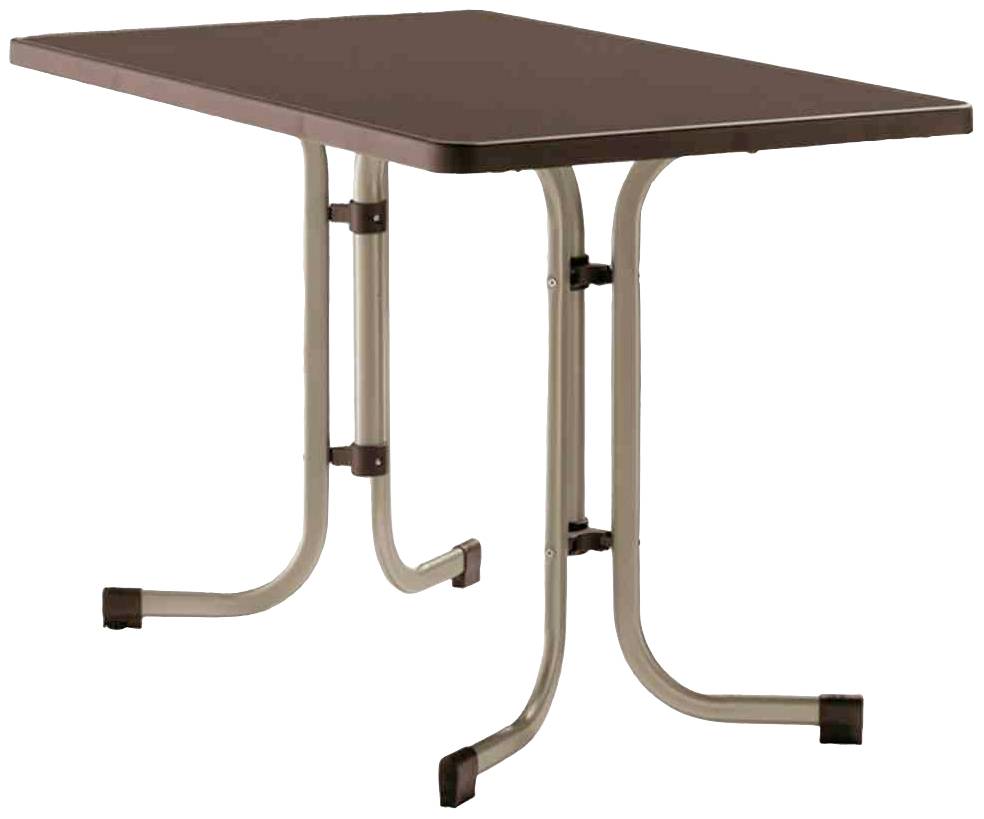 Une table rectangulaire avec un plateau brun et des pieds métalliques courbés.