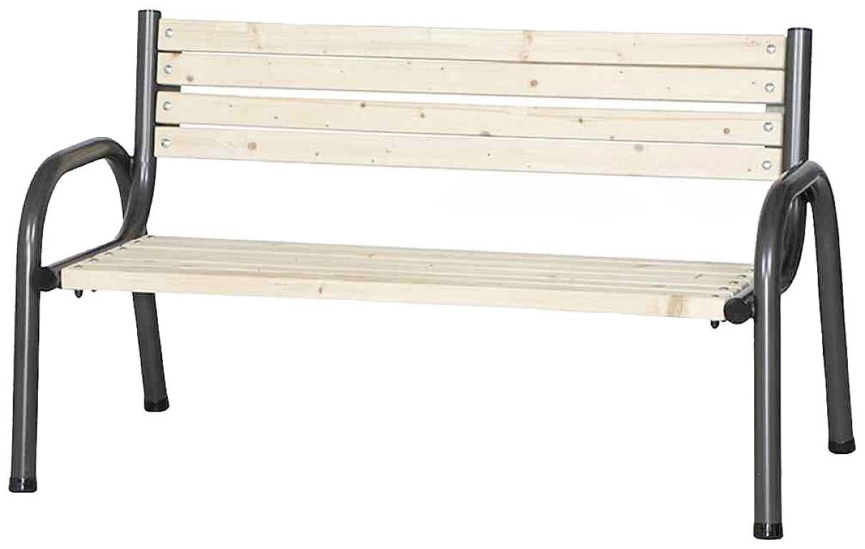 Banc en métal avec assise et dossier en bois clair, adapté pour l'extérieur.
