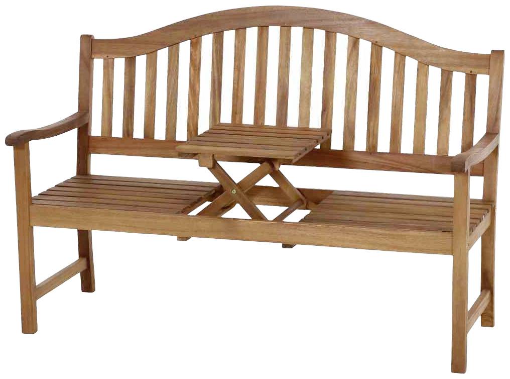 Banc en bois avec dossier incurvé et table pliante intégrée au milieu, adapté pour deux personnes.