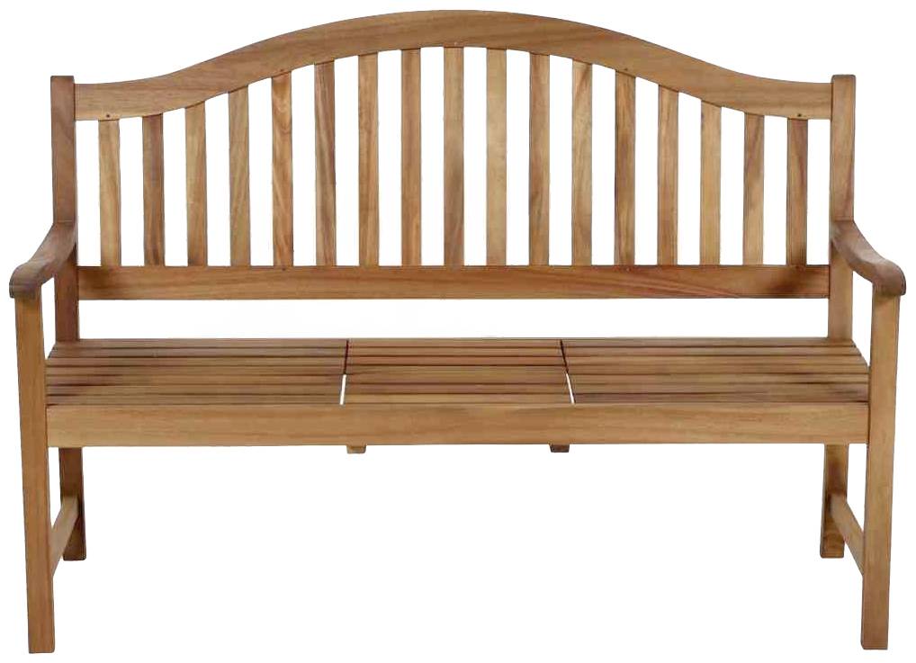 Banc en bois avec dossier à lattes et assise, adapté pour l'extérieur.