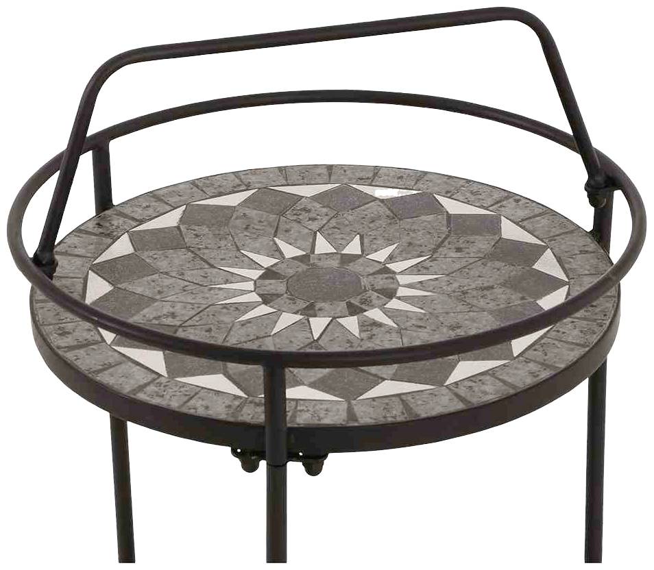 Table d'appoint ronde avec motif mosaïque sur le plateau, design géométrique dans des tons de gris et de brun, avec un piètement en métal.