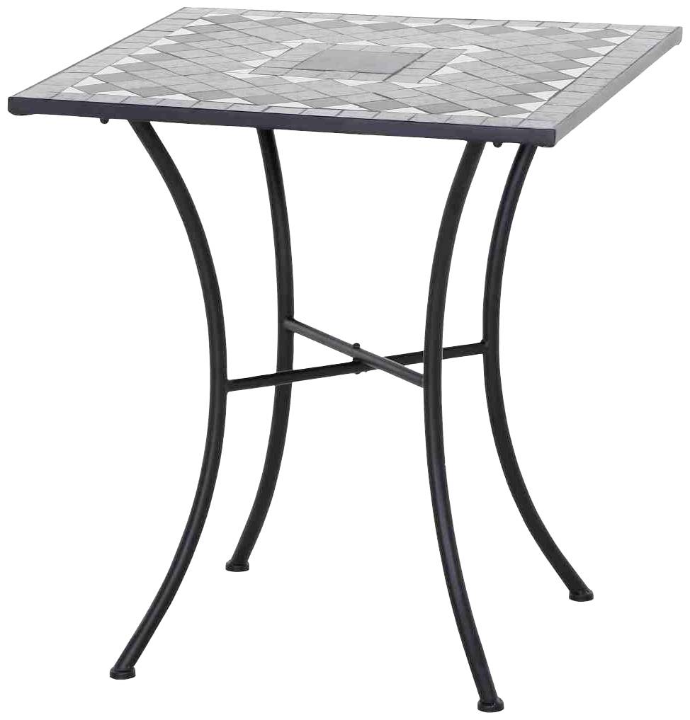 Petite table carrée avec des carreaux de mosaïque sur un support métallique, adaptée à l'extérieur. Pieds noirs incurvés, décoratifs.