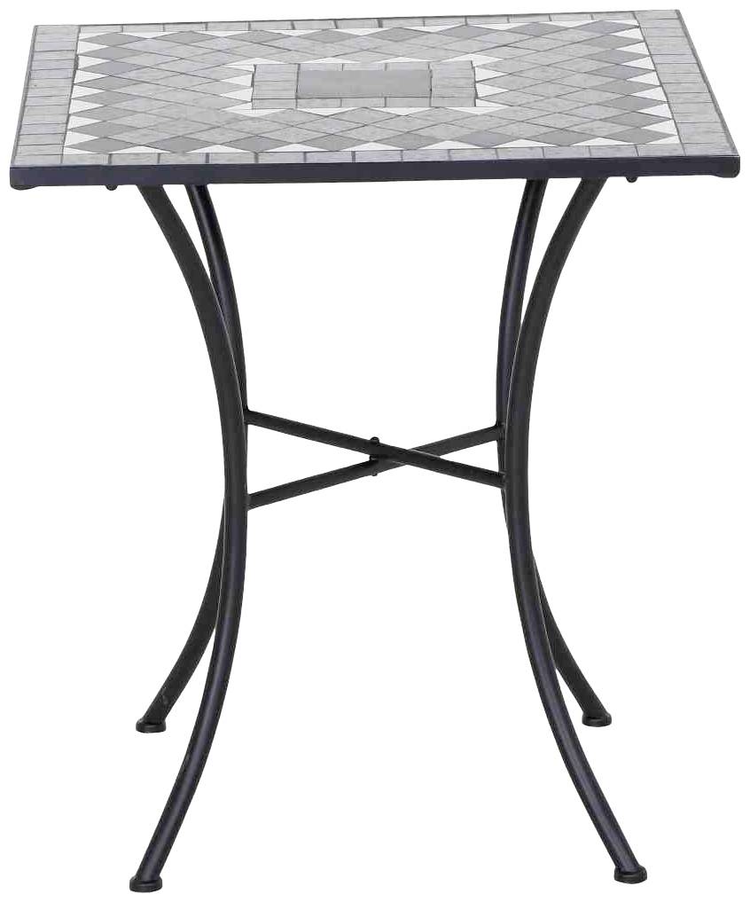 Petite table de bistrot carrée en terre cuite avec un motif de mosaïque sur le plateau et des pieds en métal courbés.