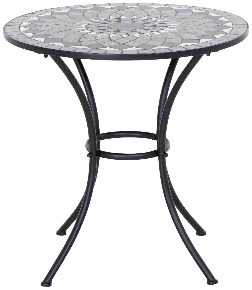 Table de jardin rond avec plateau en mosaïque dans des tons de gris et de blanc, structure métallique noire avec pieds courbés, adapté aux espaces extérieurs.