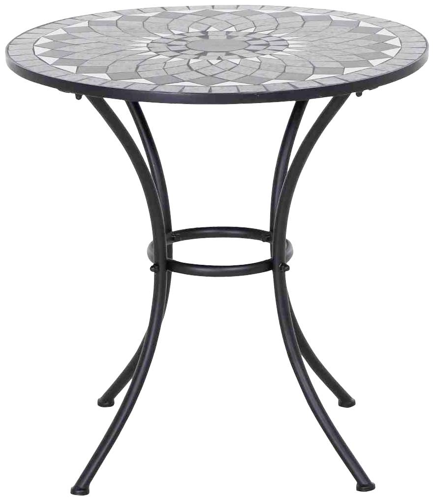 Une table de bistrot ronde avec des pieds en métal et un plateau en mosaïque grise, ornée d'un motif géométrique.