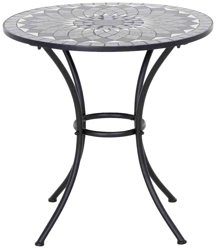 Table ronde avec plateau en mosaïque et structure métallique galbée. Idéale pour terrasse ou jardin.