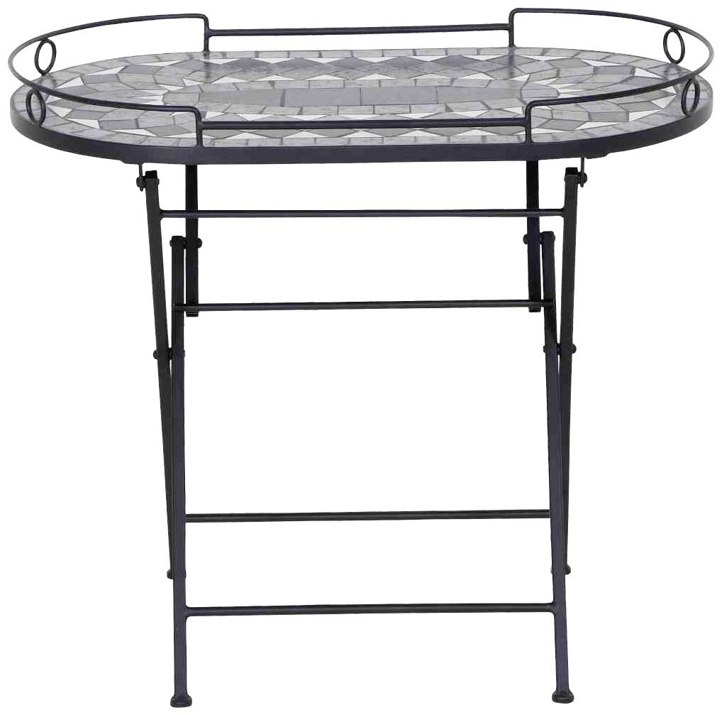 Table en métal noir avec plateau en mosaïque, de forme ronde, avec pieds pliables. Idéal pour une utilisation en extérieur sur un balcon ou une terrasse.