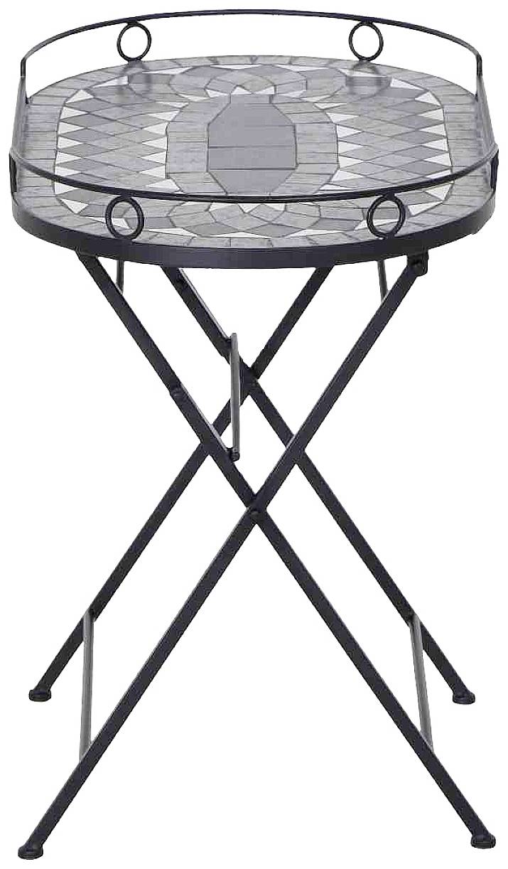 Une table d'appoint gris foncé avec un motif en mosaïque sur le plateau et un support métallique pliable. Idéale pour les espaces intérieurs et extérieurs.