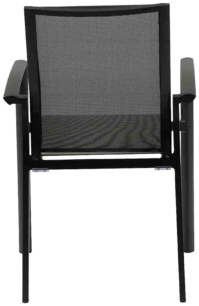 Une chaise de jardin noire avec un dossier en maille et des accoudoirs en métal. La chaise présente un design minimaliste.