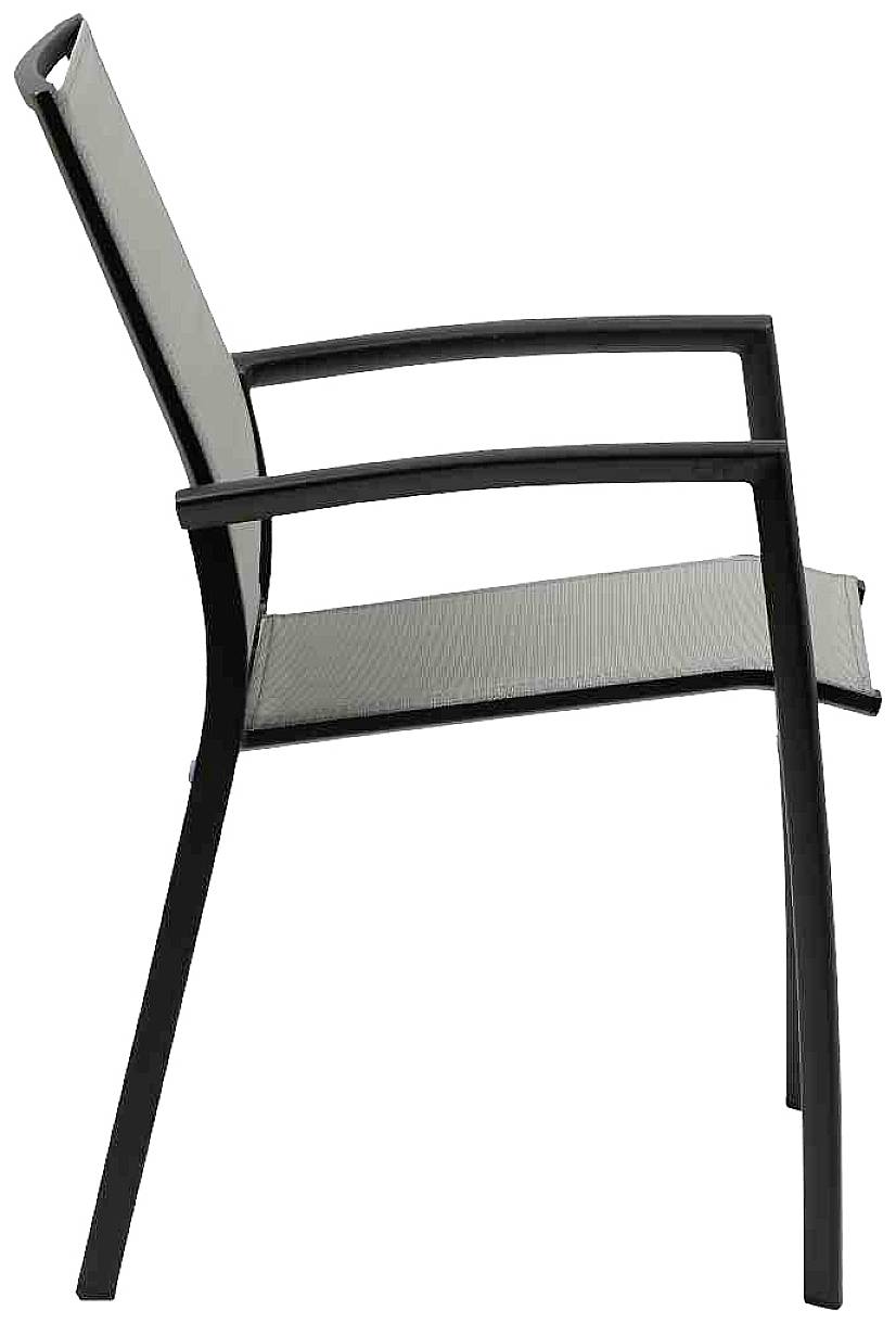 Vue latérale d'une chaise moderne avec un cadre noir et un assise grise, adaptée à un usage de bureau ou de salle à manger.