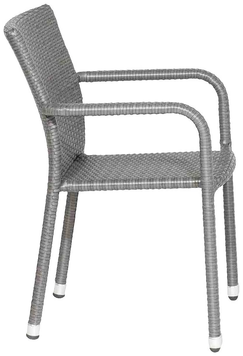 Une chaise de jardin grise, tressée, en métal avec accoudoirs, vue de côté. Adaptée pour l'extérieur.