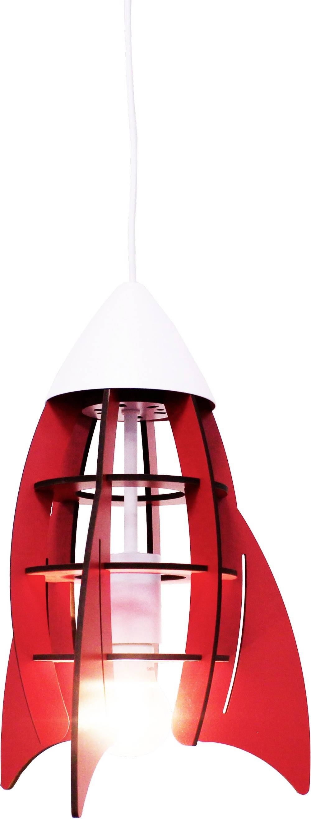 Une suspension rouge en forme de fusée, avec des détails blancs et un design stylisé, est suspendue à un câble blanc.