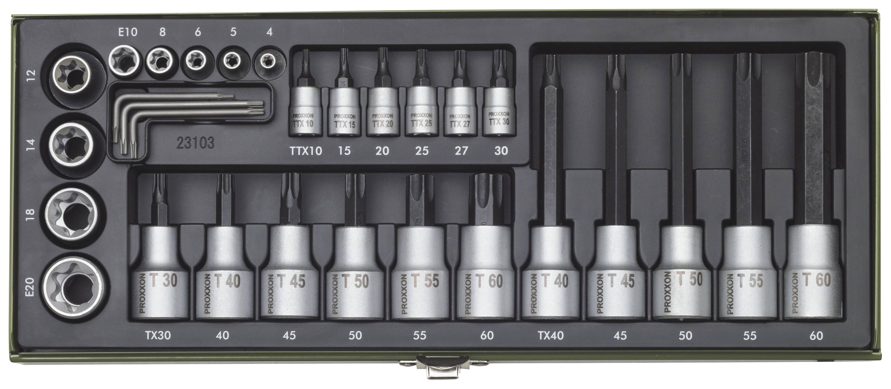 Jeu de douilles avec différentes tailles d'embouts Torx, de douilles et de clés Allen, rangé dans un boîtier vert.