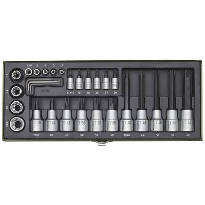 Jeu de douilles avec différentes tailles d'embouts Torx, de douilles et de clés Allen, rangé dans un boîtier vert.