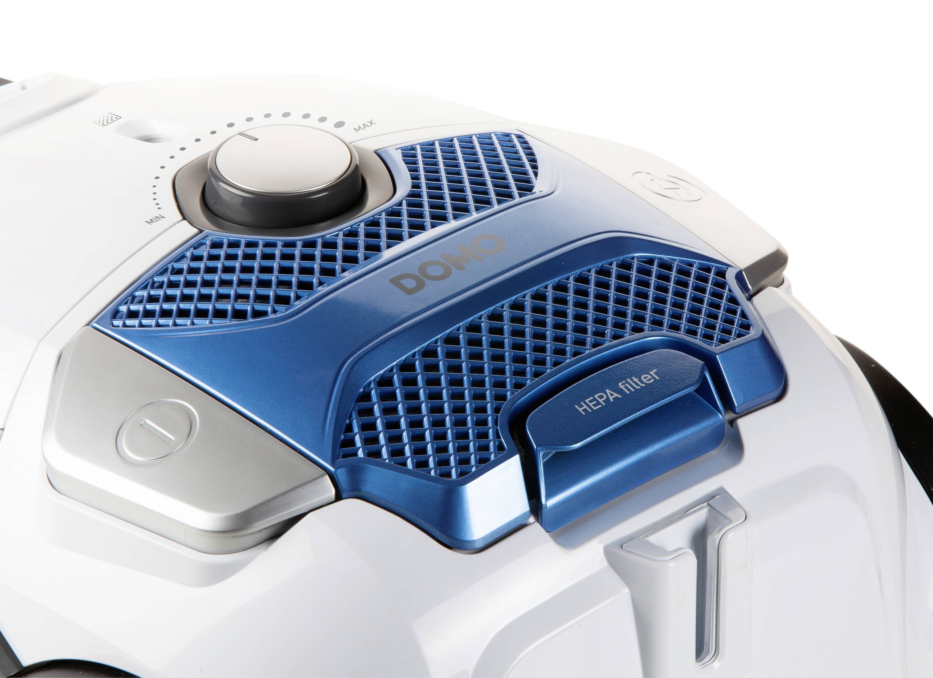 Un aspirateur au design bleu et blanc, avec le nom de la marque sur la surface, une molette de réglage et un filtre HEPA.