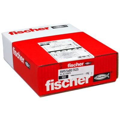 Une boîte de quincaillerie Fischer rouge et blanche étiquetée « Fischer » et « FAS 5x80 TX25 », montrant un paquet de 100 chevilles murales/vis.