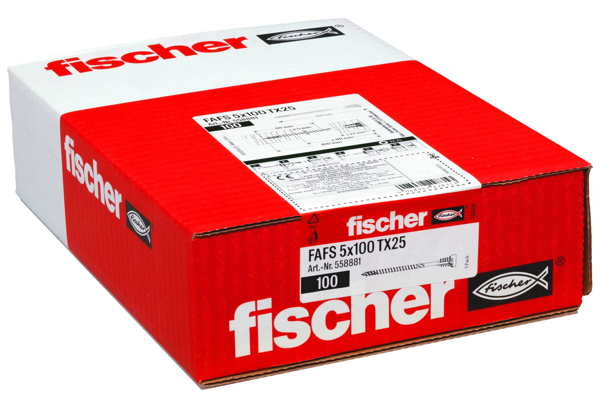 Boîte de quincaillerie Red Fischer Fischer étiquetée « FAFS 5x100 TX25 » et « 100 », présentée sur un fond blanc.
