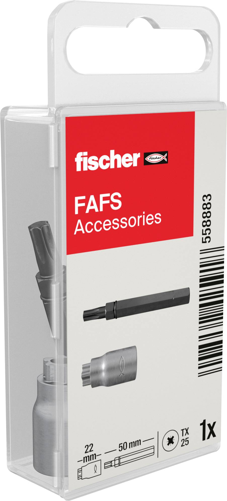 Paquet d'accessoires fischer FAFS avec deux fixations noires présenté sur un emballage rouge et blanc