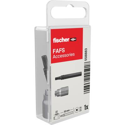 Paquet d'accessoires fischer FAFS avec deux fixations noires présenté sur un emballage rouge et blanc